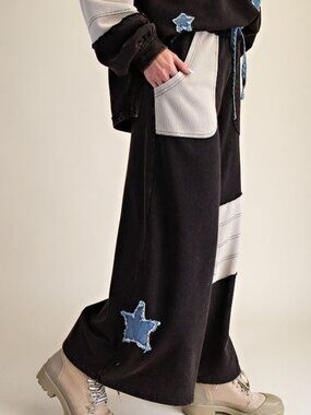 EASEL BLACK DENIM STAR PATCH WIDE LEG PANTS (BOTTOM OF SET) S M L NEW